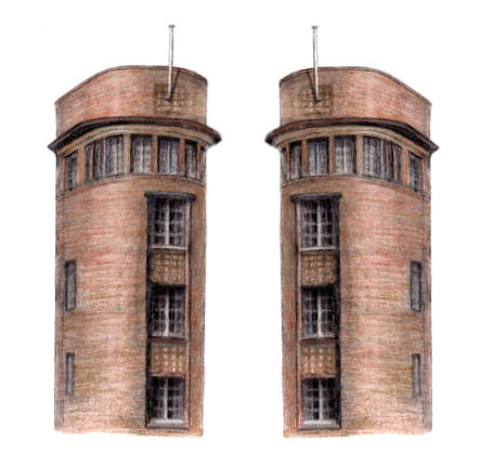 Drawing of the twin towers of Hampden Park, Glasgow, by Gerald Blaikie