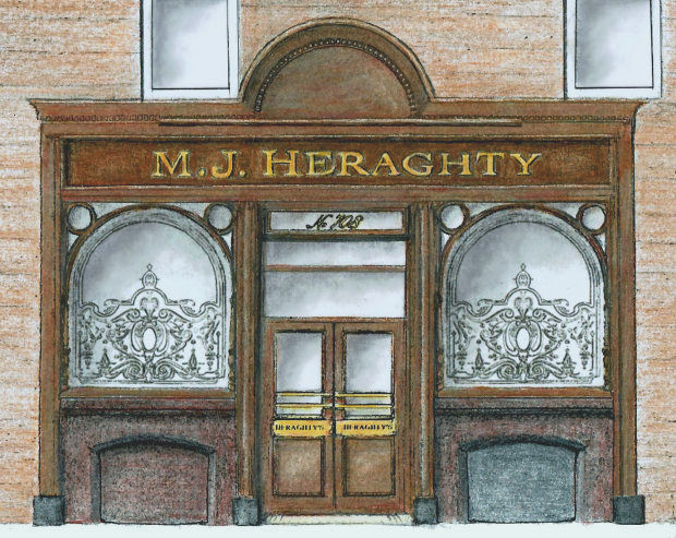 Drawing of fa�ade of Heraghty's Bar, Strathbungo, by Gerald Blaikie