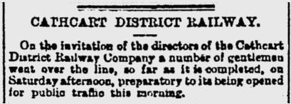 Extract from the Glasgow Herald, 1st March 1886, regarding the Cathcart District Railway