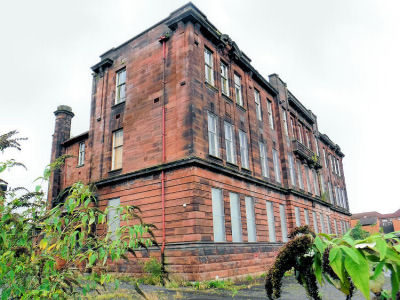 Rear of derelict Sir John Maxwell Primary School, September 2016