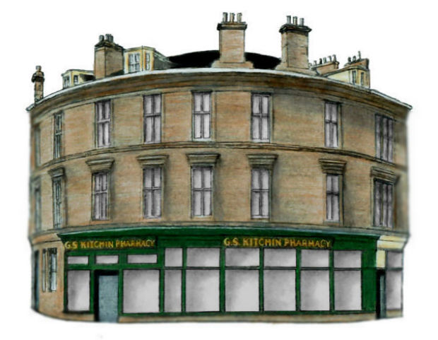 Drawing of Kitchin's Corner, Pollokshields, by Gerald Blaikie