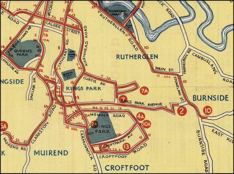 Route map showing bus services serving King's Park and surrounding districts, 1938
