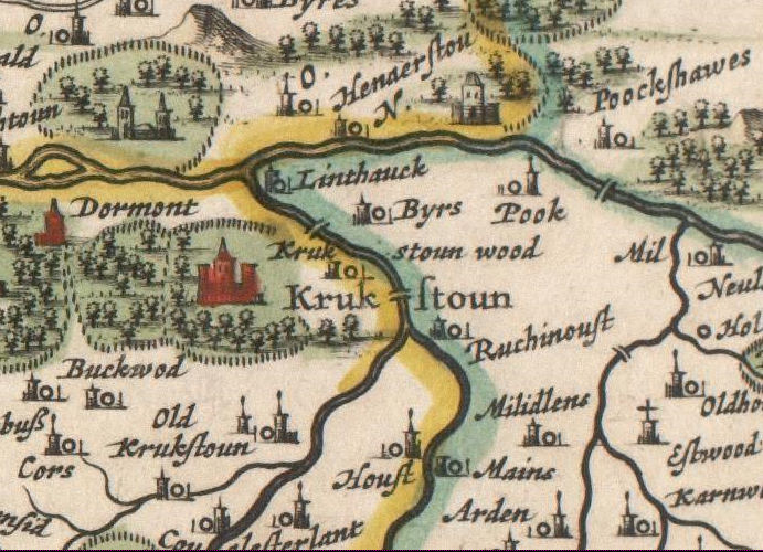 Old map from 1654, showing the area around Crookston Castle