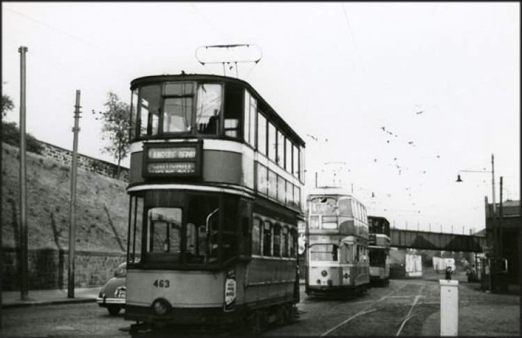 Trams lined up in Battlefield Road at Langside Depot