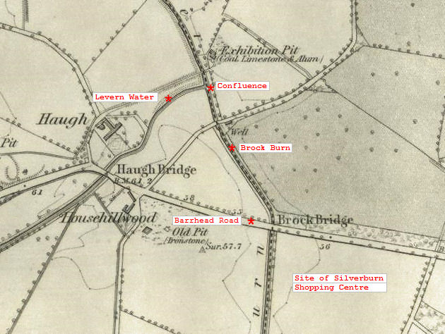 1850's map showing confluence of Levern Water and Brock Burn