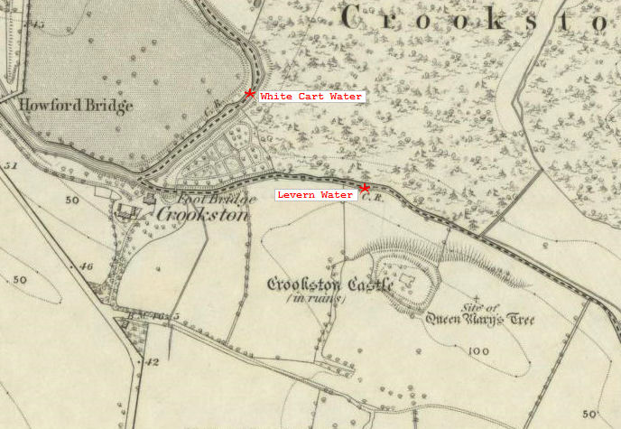 Old map showing the confluence of Levern Water and White Cart Water, west of Crookston Castle