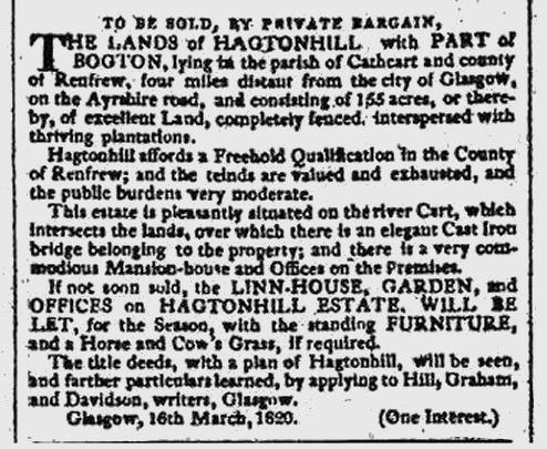Sale Notice for Linn House and surrounding estate, dated 16th March 1820