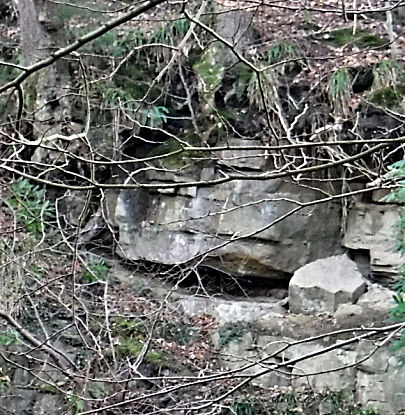 Signs of old quarrying on stratified layers of rock on riverside close to Linn Falls