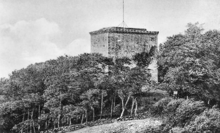 Old photograph of Mearns Castle and surrounding woodland