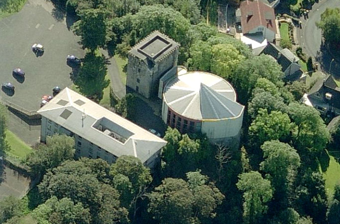 Aerial view of Mearns Castle and Maxwell Mearns Parish Church