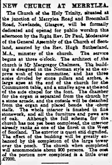 Cutting from Glasgow Herald 15th September 1915 regarding opening of Merrylea Parish Church