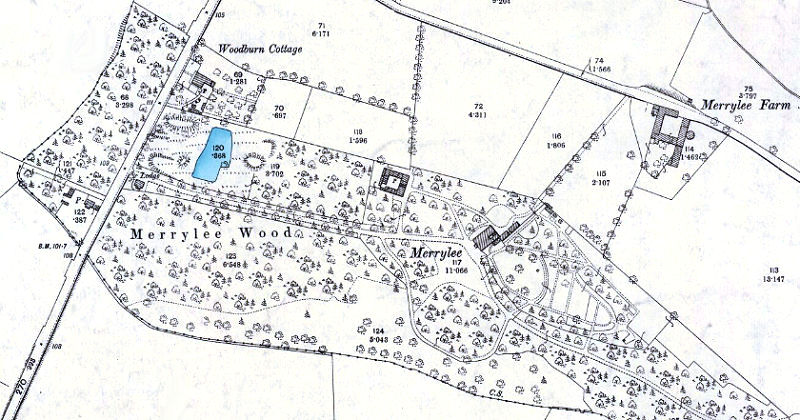 Map showing Merrylee House within Merrylee Wood, Newlands