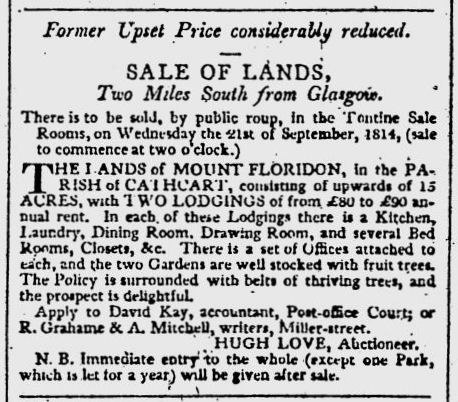 Notice from September 1814 for sale of houses at Mount Floridon, Cathcart, Glasgow