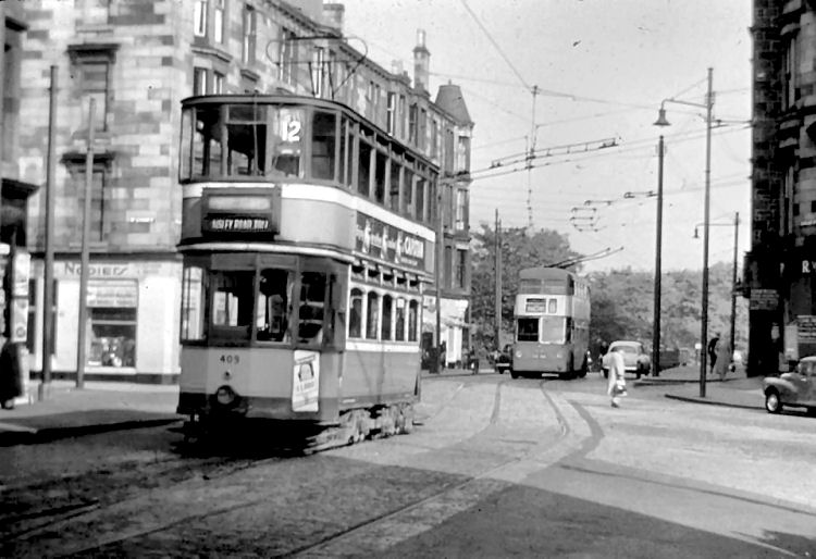 No. 12 tram departing from Mount Florida terminus with  No. 105 trolleybus in the background