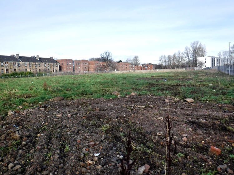 Cleared site of demolished tower blocks of Pollokshaws, February 2019