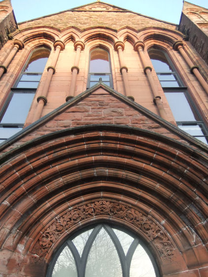 Elaborately sculpted stonework at former entrance to New Jerusalem Church, Queen's Park