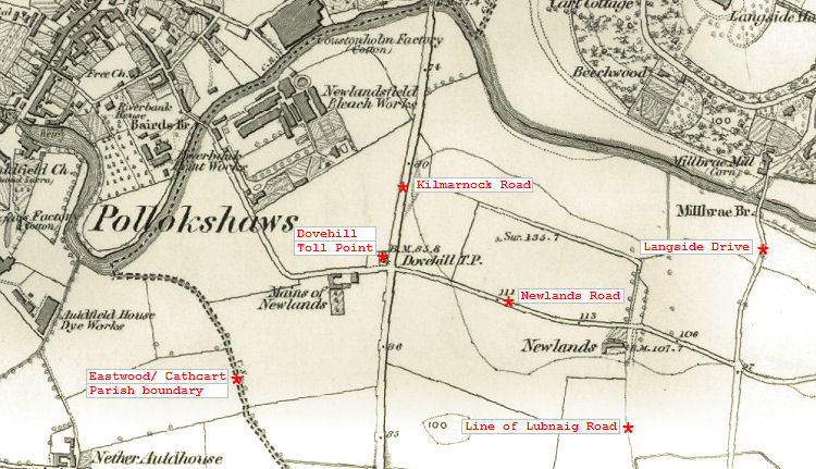 1850's map showing old parish boundary and the former Newlands farmhouse  at corner of Newlands Road and Lubnaig Road