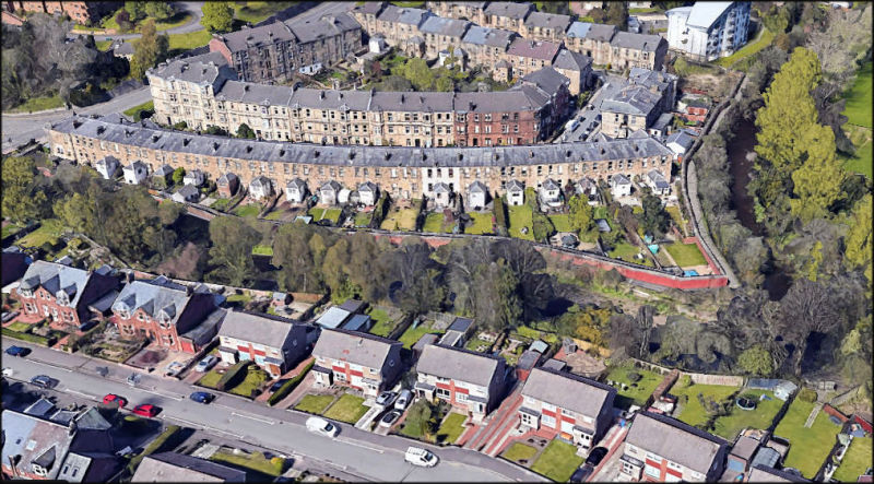 Aerial view of Millbrae Crescent and Earlspark Avenue at site of Newlands Papermill