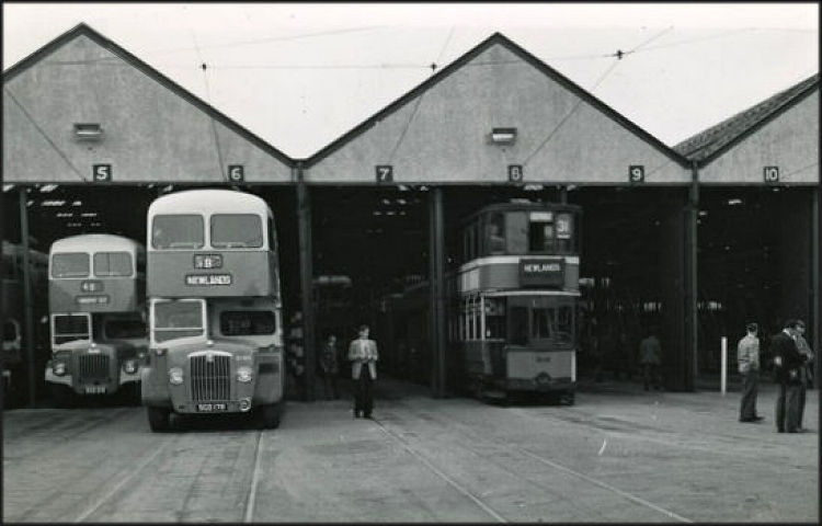 Buses and trams together at Newlands Depot before the Glasgow tramways were abandoned in 1962
