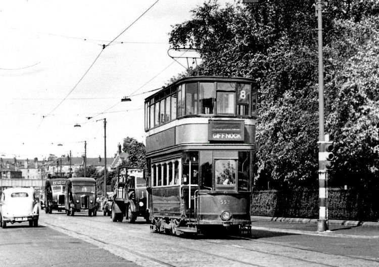 Giffnock bound tramcar at traffic lights in Kilmarnock Road, Newlands
