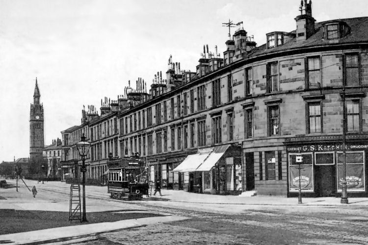 Open topped tram in Nithsdale Road with Pollokshields Free Church in background