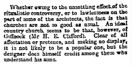 Extract from Glasgow Herald 3rd April, 1899 regarding exhibition drawing of Orchardhill Church