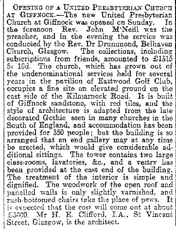 Extract from Glasgow Herald 15th May, 1900 regarding opening of Orchardhill Church