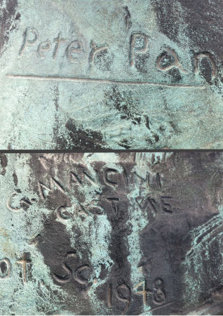 Script at base of statue of Peter Pan at Mearnskirk House