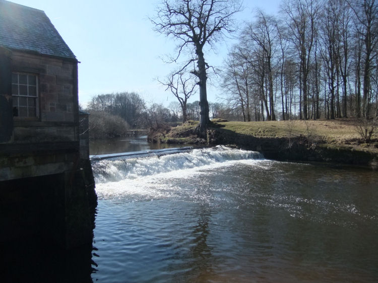 Winter sunshine on weir at White Cart Water