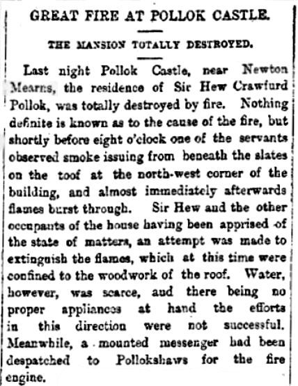 Cutting from Glasgow Herald, 1st August 1882, regarding fire at Pollok Castle, Mearns