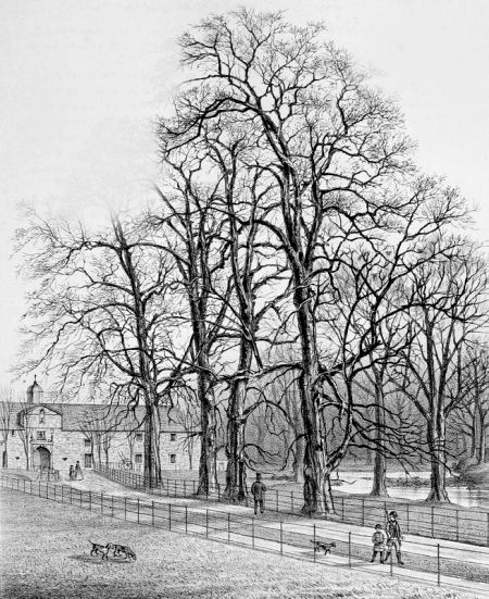 Engraving showing entrance to stables at Pollok House