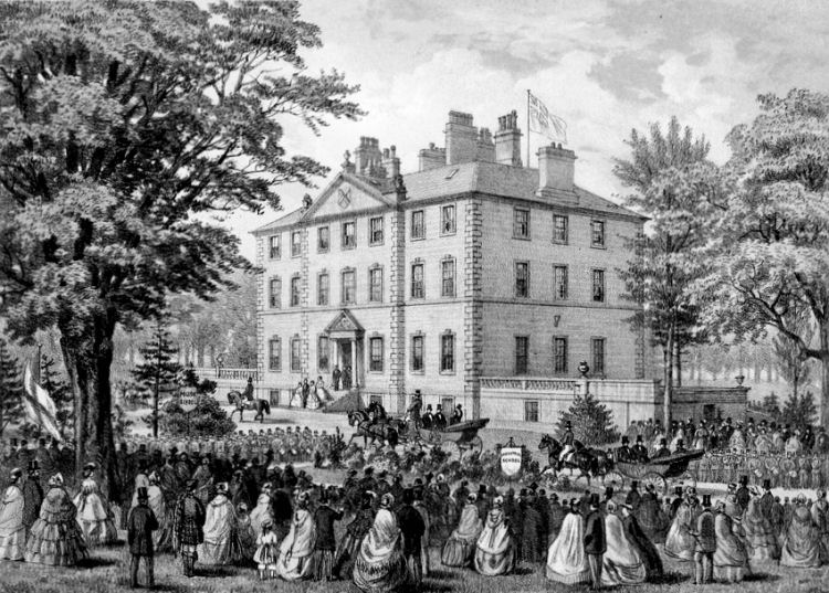 Engraving showing visit of Prince of Wales to Pollok House