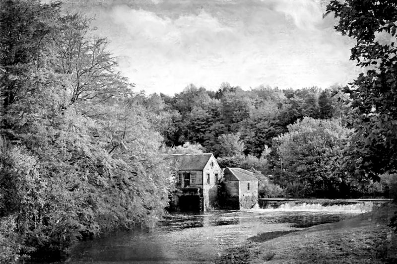 Another photograph of working sawmill and weir near to Pollok House