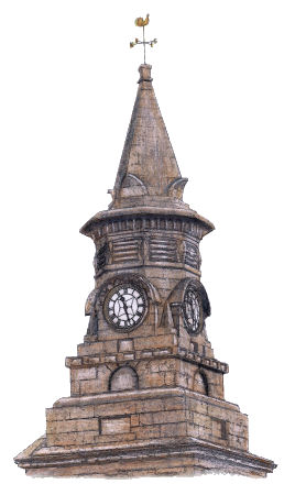 Drawing of clock tower at Pollokshaws Town House by Gerald Blaikie