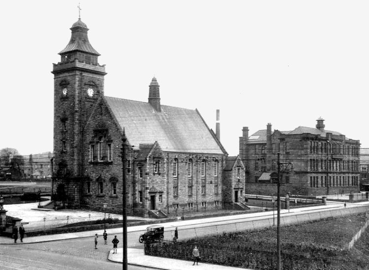 Old photograph of Pollokshaws Burgh Hall and Sir John Maxwell School