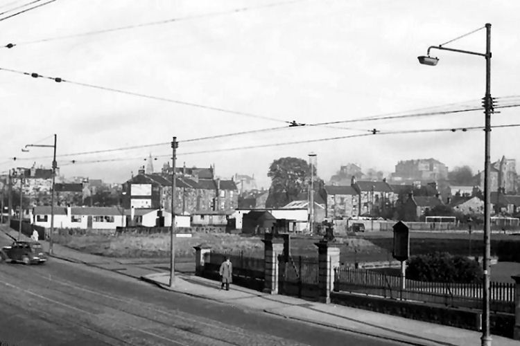Post war prefab housing on cleared site next to Pollokshaws Burgh Hall