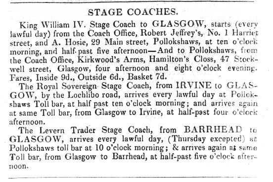 Satgecoaches serving Pollokshaws, 1832