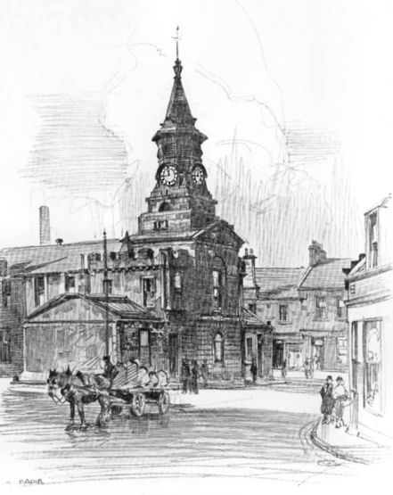 Pencil sketch of Pollokshaws Town House and surrounding area, 1926