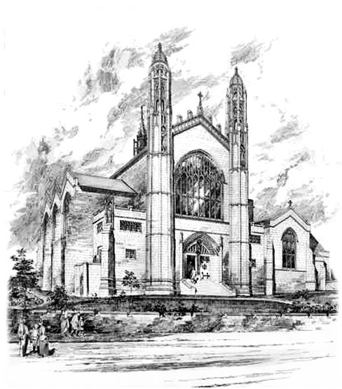 Perspective drawing of Pollokshields Trinity UP Church by architect, W.G. Rowan