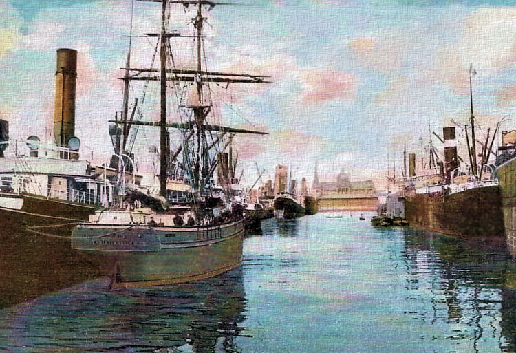 Painting showing distant view of Govan Town Hall from Prince's Dock