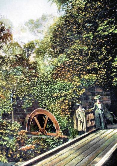 Edwardian ladies on footbridge at pump house, Rouken Glen Park