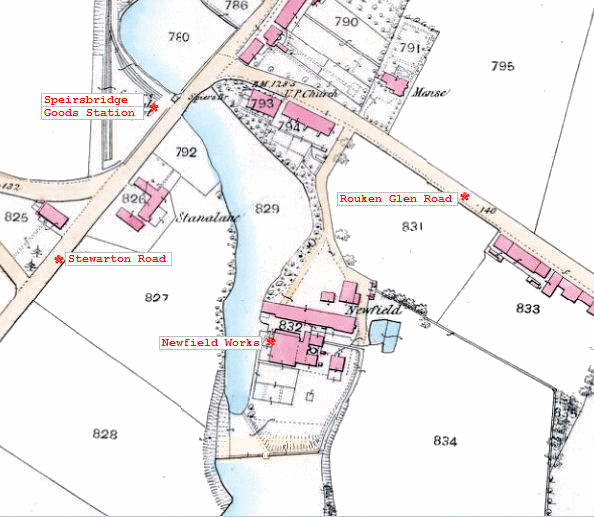 Map showing Newfield Works, on Auldhouse Burn, Rouken Glen