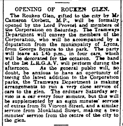 Extract from Glasgow Herald 25th May 1906 regarding the opening of Rouken Glen Park