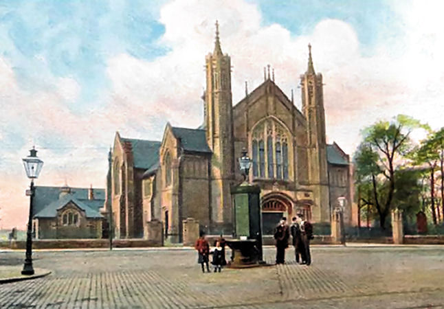 Early colour view of Shawlands United Free Church and Shawlands Cross