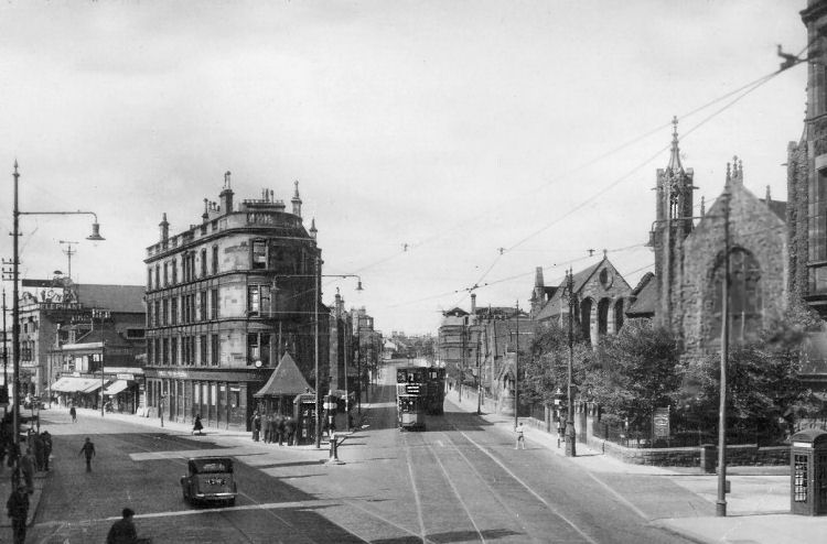 Mid 20th century view of churches at Shawlands Cross