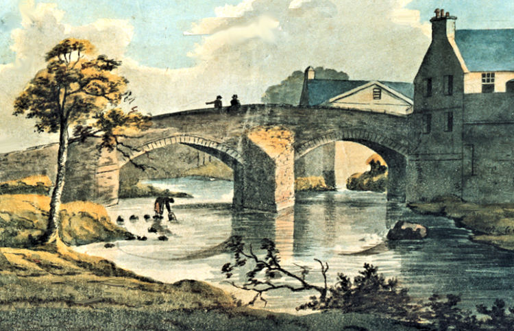 Shaw Mill beside the old two arch stone bridge over White Cart Water, Pollokshaws