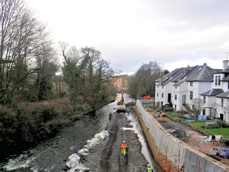 >White Cart Water during construction of flood defences near Snuff Mill Bridge, February 2019