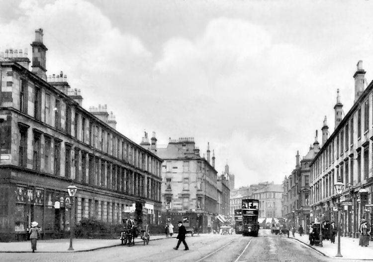 Early 20th century view of Pollokshaws Road, Strathbungo, from the corner of Regent Park Square