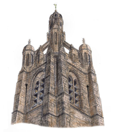 Drawing of the tower of Strathbungo Parish Church by Gerald Blaikie