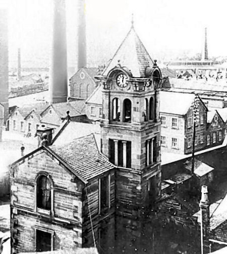 Clock tower at entrance to Thornliebank Print Works
